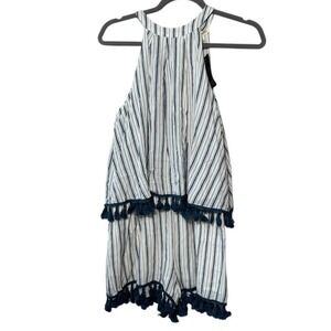Main Strip Womens Blue White Striped Tassel Halter Romper Small NWT Resort Beach